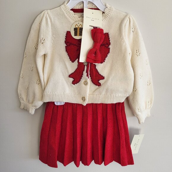 Max Studio 24 months Baby Red and Cream Sweater Set with Matching Bow Headband - Picture 1 of 7